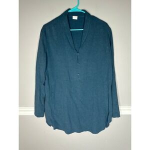 Poetry Flowy Linen Blend Top Blouse Blue shawl collar pockets Sz 12 Casual Work